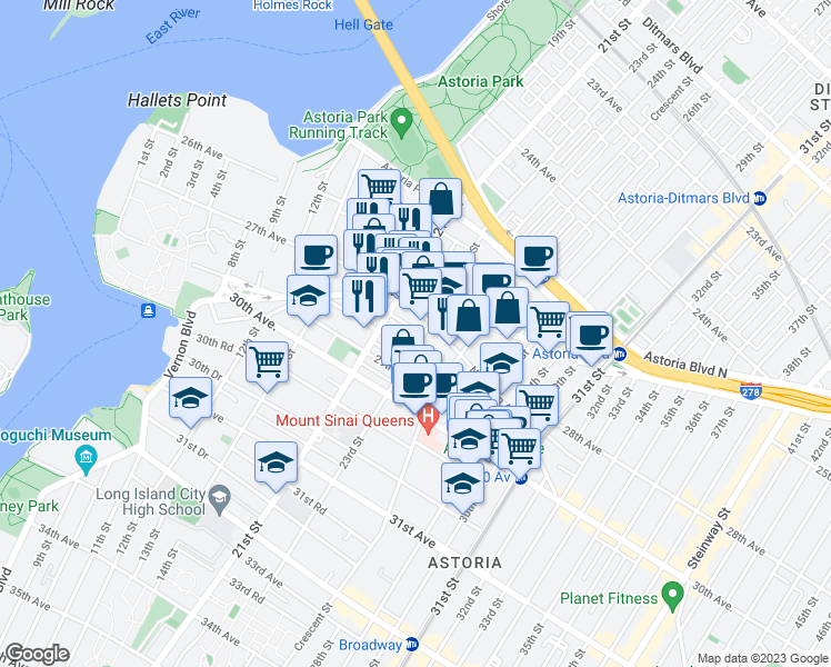 map of restaurants, bars, coffee shops, grocery stores, and more near 27-16 23rd Street in Queens