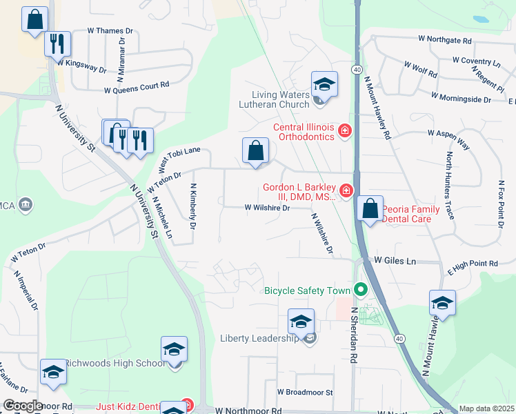 map of restaurants, bars, coffee shops, grocery stores, and more near 1099 West Wilshire Drive in Peoria