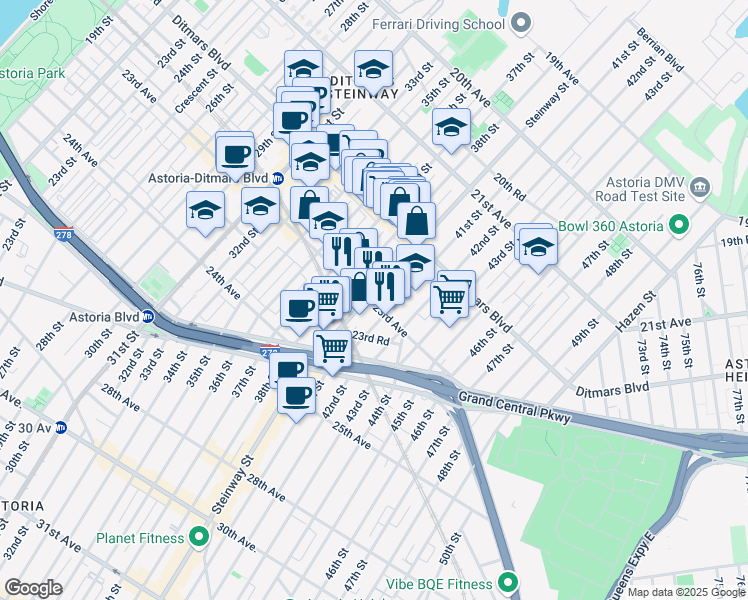 map of restaurants, bars, coffee shops, grocery stores, and more near 22-70 Steinway Street in Queens