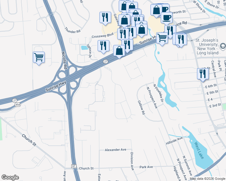 map of restaurants, bars, coffee shops, grocery stores, and more near 1000 Sunrise Highway in Blue Point