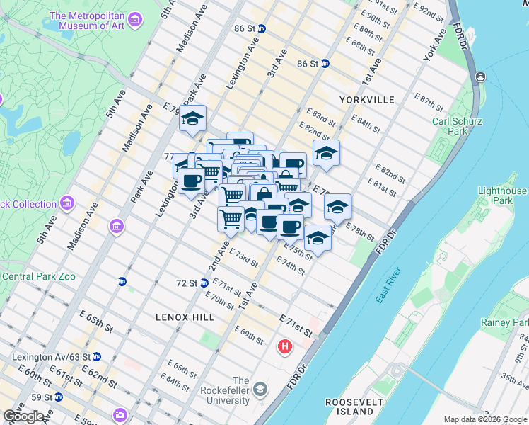 map of restaurants, bars, coffee shops, grocery stores, and more near 1460 2nd Avenue in New York