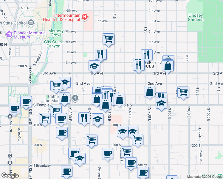map of restaurants, bars, coffee shops, grocery stores, and more near 73 F Street in Salt Lake City