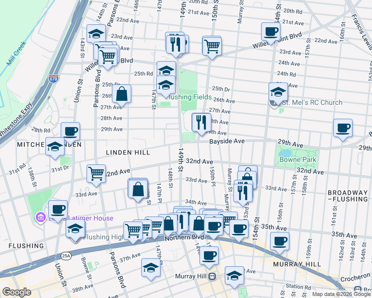 map of restaurants, bars, coffee shops, grocery stores, and more near 149-20 Bayside Avenue in Queens