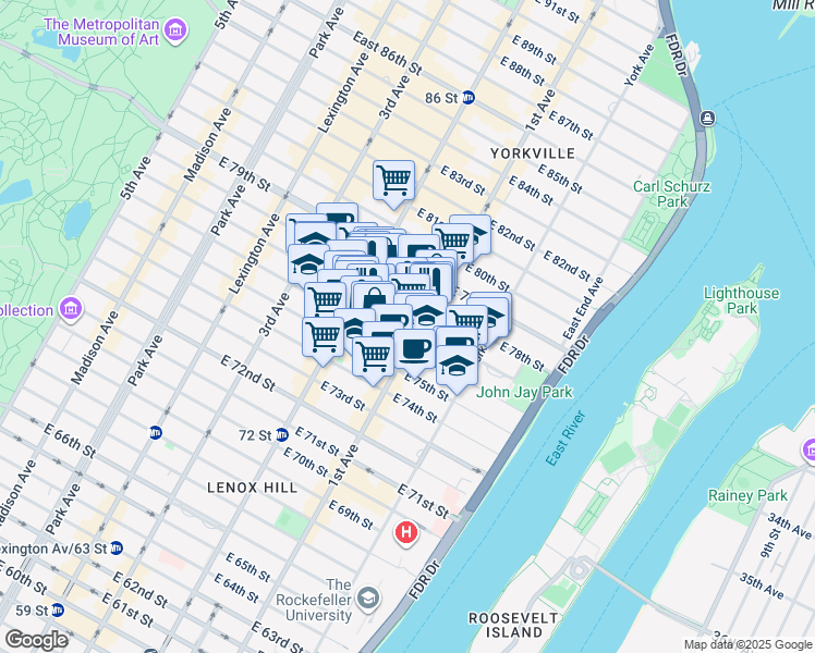 map of restaurants, bars, coffee shops, grocery stores, and more near 354 East 77th Street in New York