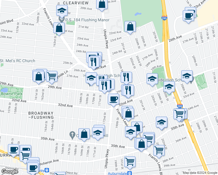 map of restaurants, bars, coffee shops, grocery stores, and more near 2825 172nd Street in Queens