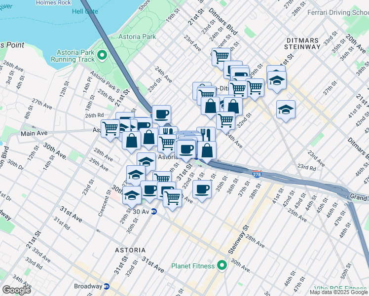 map of restaurants, bars, coffee shops, grocery stores, and more near 2722 Hoyt Avenue South in Queens