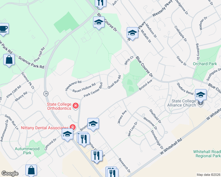 map of restaurants, bars, coffee shops, grocery stores, and more near Falconpointe Dr in State College