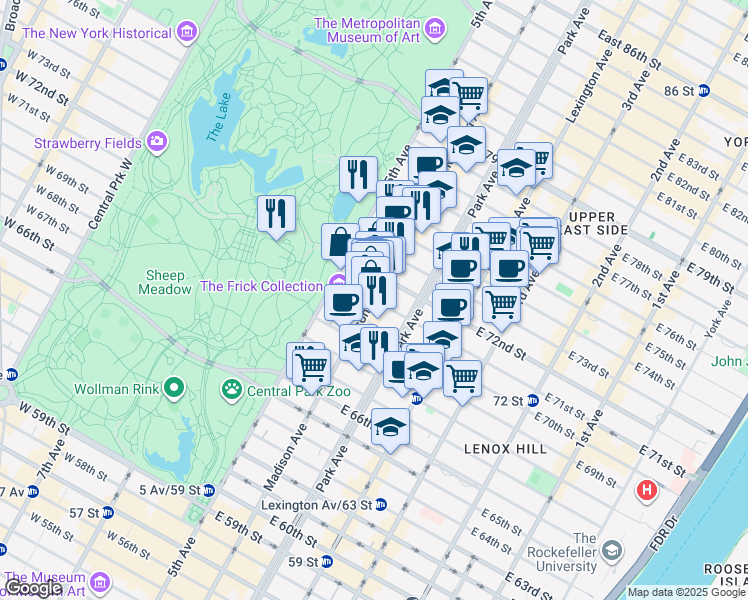 map of restaurants, bars, coffee shops, grocery stores, and more near 33 East 71st Street in New York