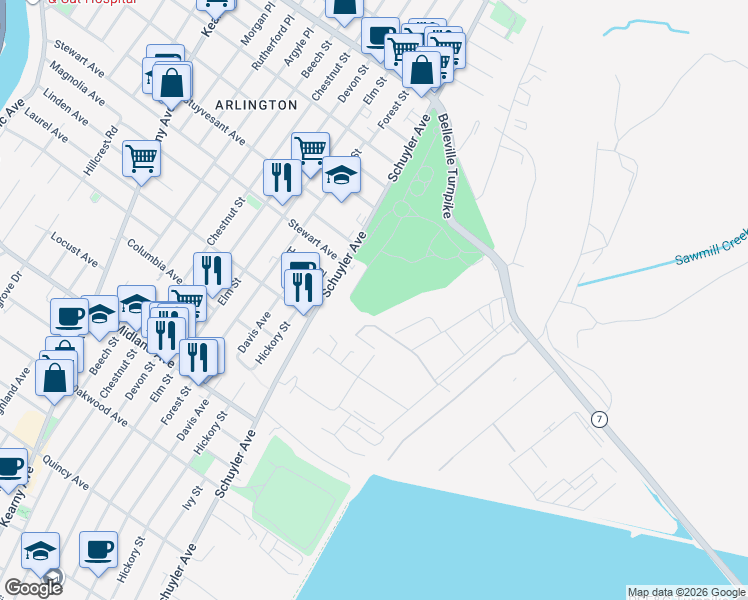 map of restaurants, bars, coffee shops, grocery stores, and more near 750 Schuyler Avenue in Kearny
