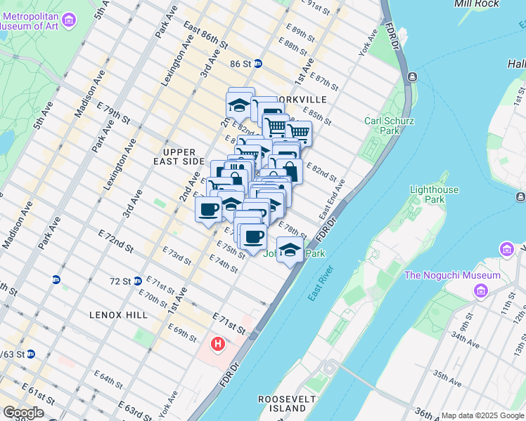 map of restaurants, bars, coffee shops, grocery stores, and more near 425 East 79th Street in New York