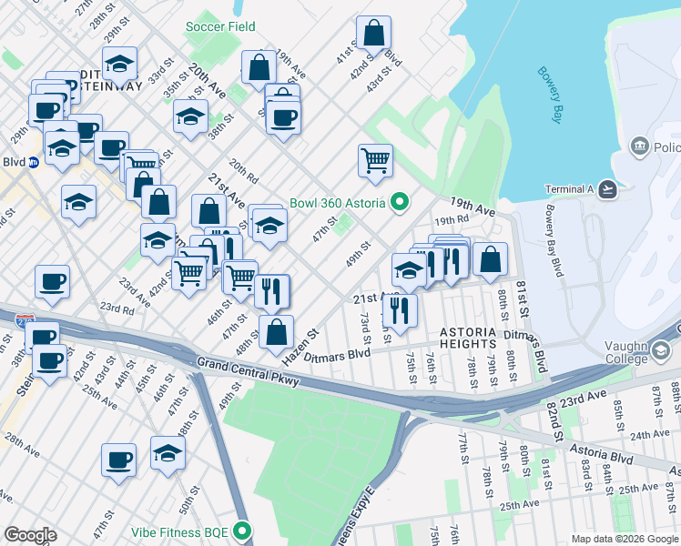map of restaurants, bars, coffee shops, grocery stores, and more near 20-44 49th Street in Queens
