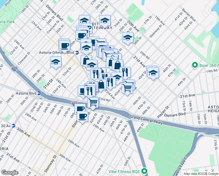 map of restaurants, bars, coffee shops, grocery stores, and more near 22-68 41st Street in Queens