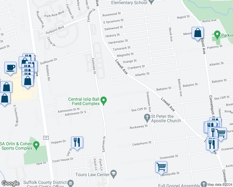 map of restaurants, bars, coffee shops, grocery stores, and more near 17 Babylon Street in Islip Terrace