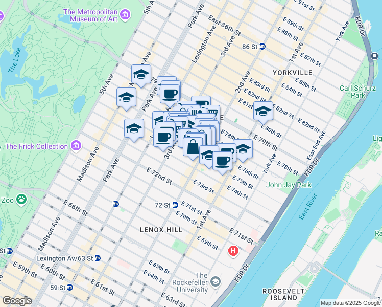 map of restaurants, bars, coffee shops, grocery stores, and more near East 75th Street in New York