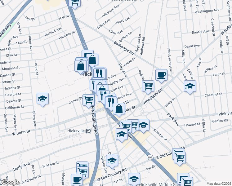 map of restaurants, bars, coffee shops, grocery stores, and more near 5 Foran Place in Hicksville