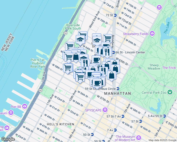map of restaurants, bars, coffee shops, grocery stores, and more near 161 West 61st Street in New York