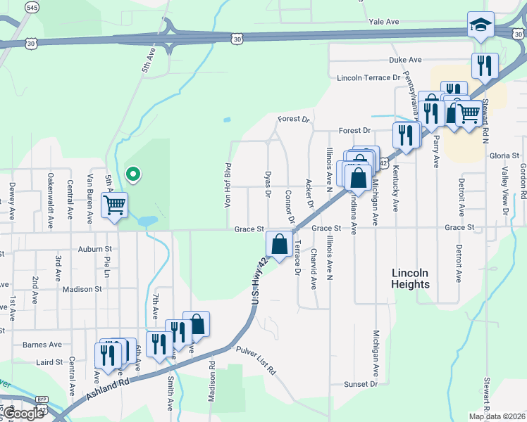 map of restaurants, bars, coffee shops, grocery stores, and more near 490 Dyas Drive in Mansfield