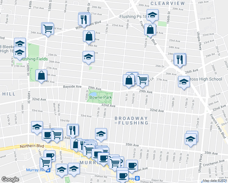 map of restaurants, bars, coffee shops, grocery stores, and more near 29th Ave & 159th St in Queens