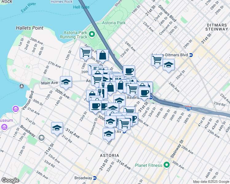 map of restaurants, bars, coffee shops, grocery stores, and more near in Queens