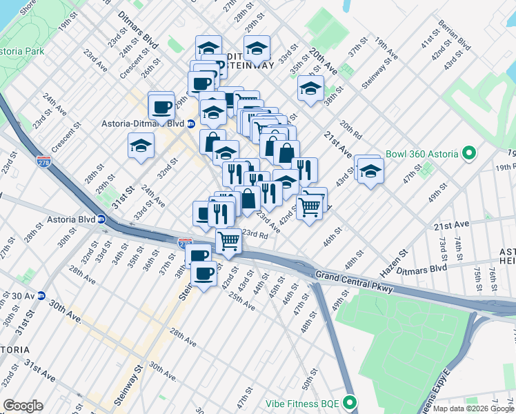map of restaurants, bars, coffee shops, grocery stores, and more near 22-79 Steinway Street in Queens