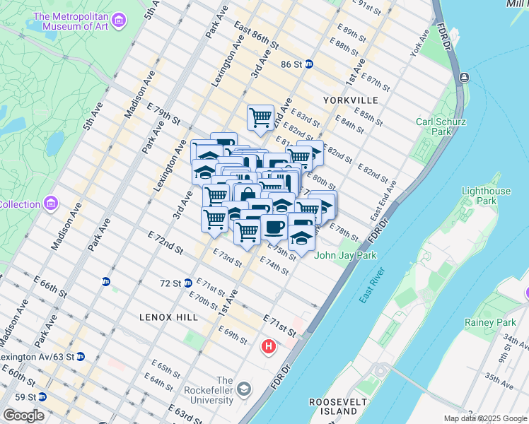 map of restaurants, bars, coffee shops, grocery stores, and more near 339 East 77th Street in New York