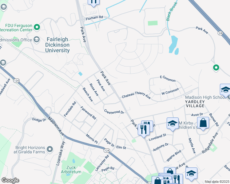 map of restaurants, bars, coffee shops, grocery stores, and more near 175 Park Avenue in Madison
