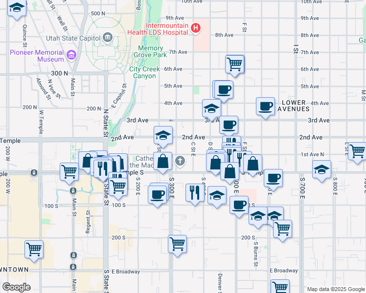 map of restaurants, bars, coffee shops, grocery stores, and more near 261 1st Avenue North in Salt Lake City