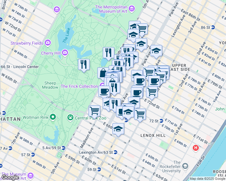 map of restaurants, bars, coffee shops, grocery stores, and more near Madison Avenue & East 71st Street in New York