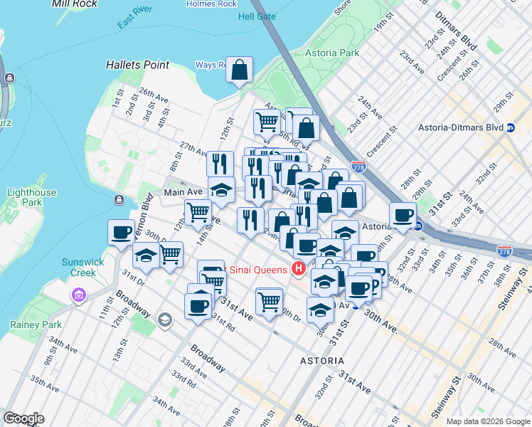 map of restaurants, bars, coffee shops, grocery stores, and more near 28-1 21st Street in Queens