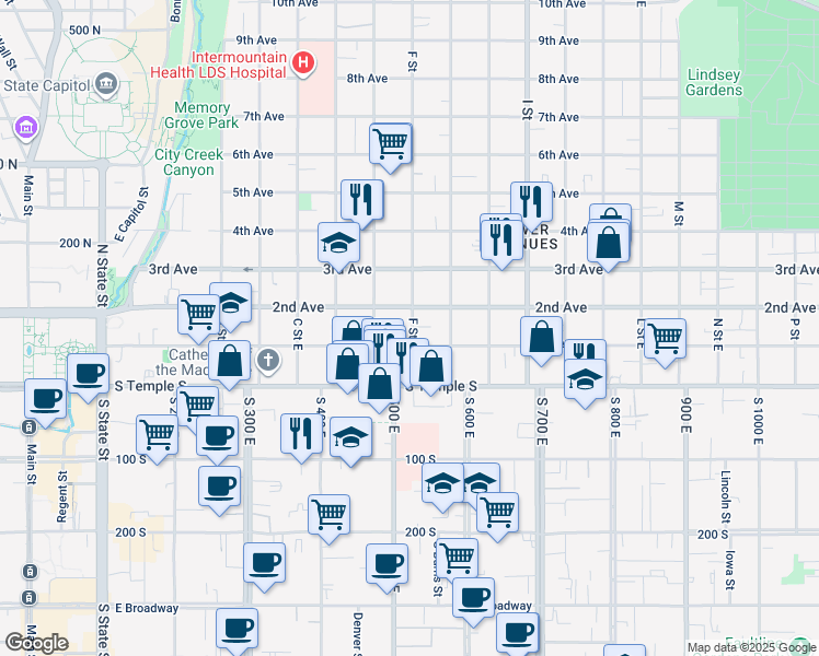 map of restaurants, bars, coffee shops, grocery stores, and more near 84 F Street East in Salt Lake City
