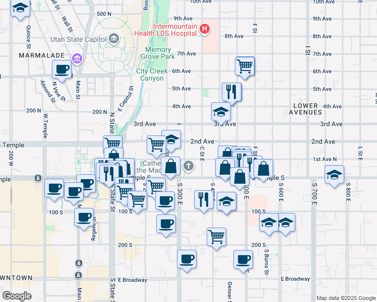 map of restaurants, bars, coffee shops, grocery stores, and more near in Salt Lake City