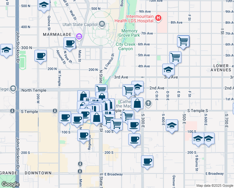 map of restaurants, bars, coffee shops, grocery stores, and more near 124 2nd Avenue in Salt Lake City