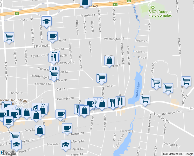 map of restaurants, bars, coffee shops, grocery stores, and more near 100 Washington Avenue in Patchogue