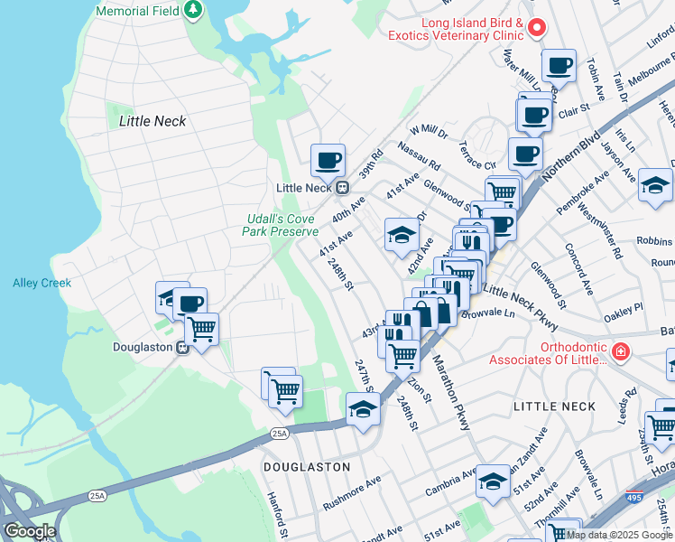 map of restaurants, bars, coffee shops, grocery stores, and more near 41-22 249th Street in Queens