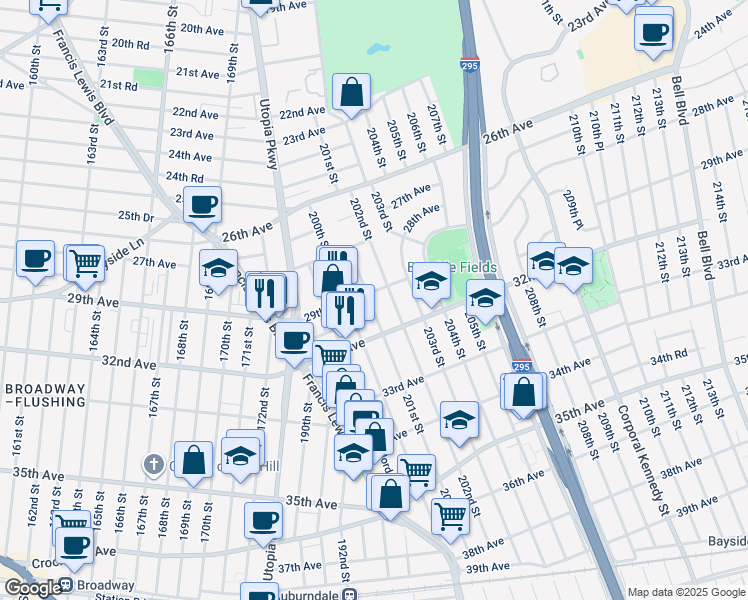 map of restaurants, bars, coffee shops, grocery stores, and more near 28-48 201st Street in Queens