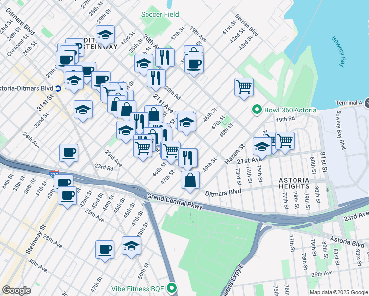 map of restaurants, bars, coffee shops, grocery stores, and more near 21-15 46th Street in Queens