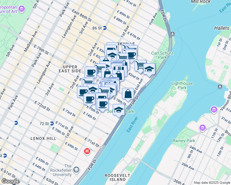 map of restaurants, bars, coffee shops, grocery stores, and more near 503 East 79th Street in New York