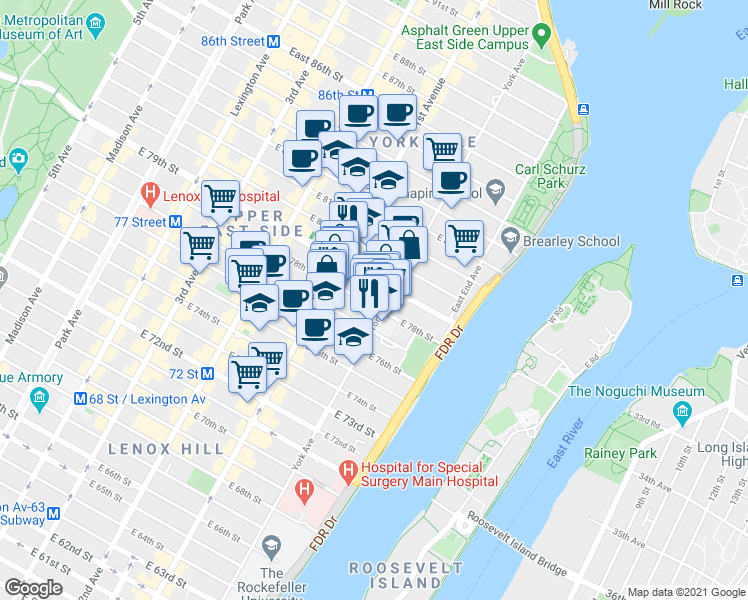 map of restaurants, bars, coffee shops, grocery stores, and more near 440 East 79th Street in New York