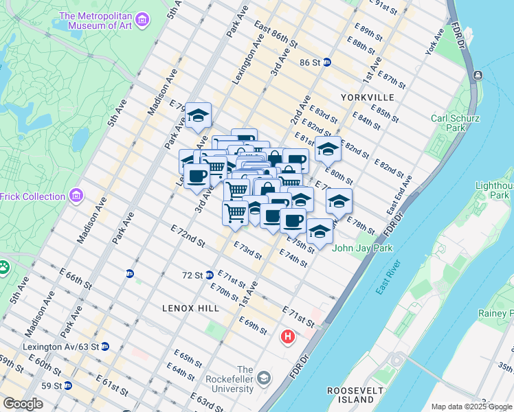 map of restaurants, bars, coffee shops, grocery stores, and more near 1460 2nd Avenue in New York