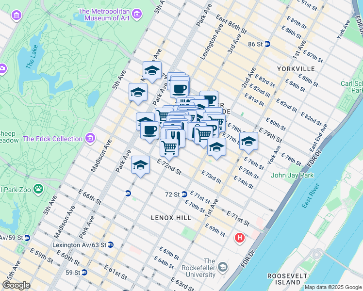 map of restaurants, bars, coffee shops, grocery stores, and more near 1309 3rd Avenue in New York