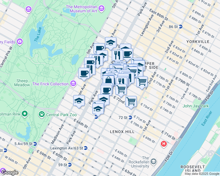 map of restaurants, bars, coffee shops, grocery stores, and more near 125 East 73rd Street in New York