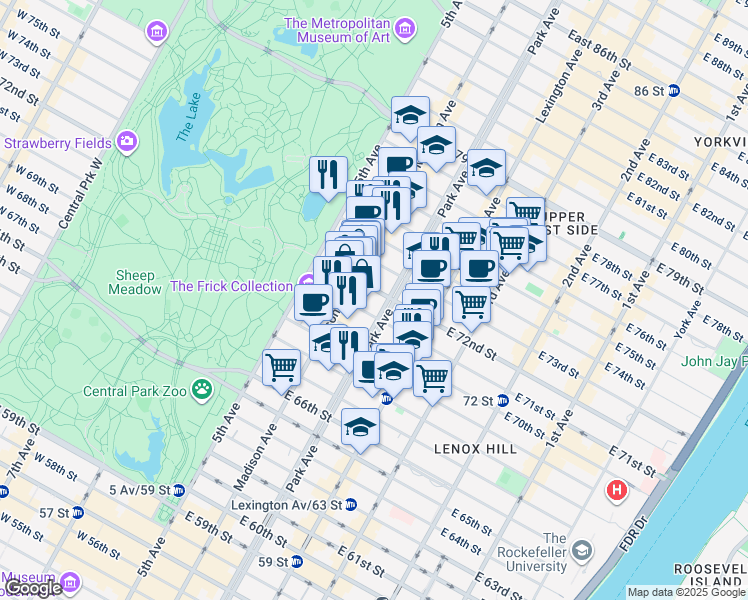 map of restaurants, bars, coffee shops, grocery stores, and more near in New York