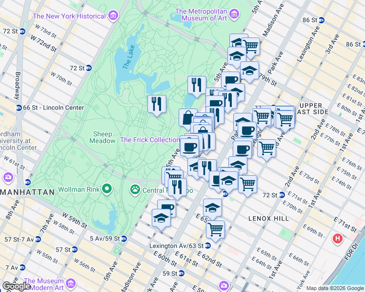 map of restaurants, bars, coffee shops, grocery stores, and more near 888 5th Avenue in New York