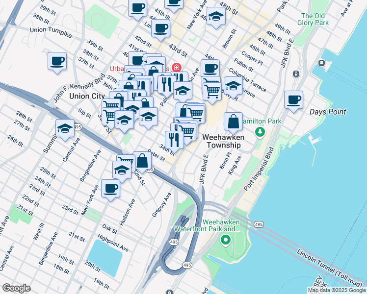 map of restaurants, bars, coffee shops, grocery stores, and more near 118 35th Street in Union City