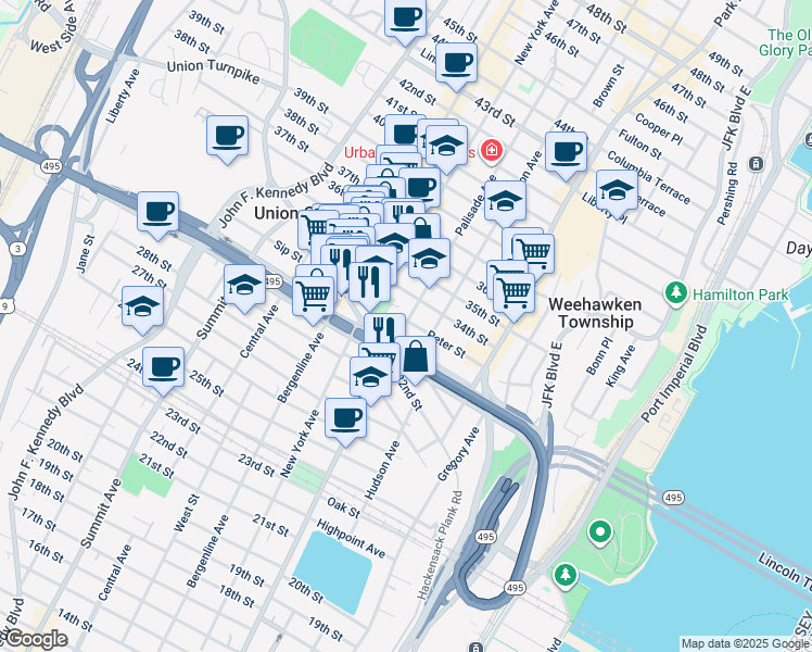 map of restaurants, bars, coffee shops, grocery stores, and more near 3322 Palisade Avenue in Union City