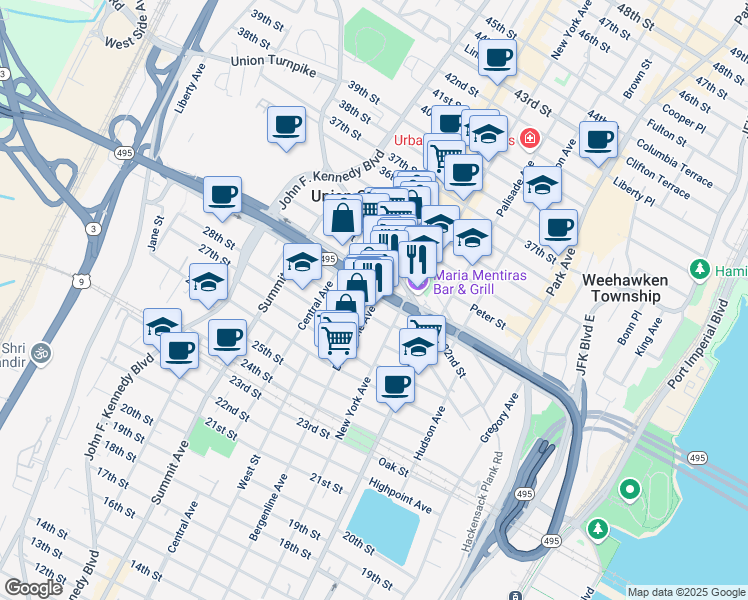 map of restaurants, bars, coffee shops, grocery stores, and more near 3100 Bergenline Avenue in Union City
