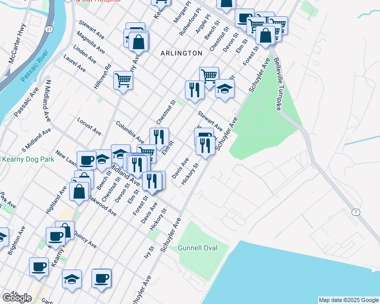 map of restaurants, bars, coffee shops, grocery stores, and more near 255 Laurel Avenue in Kearny