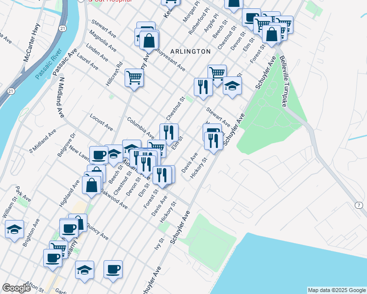 map of restaurants, bars, coffee shops, grocery stores, and more near 540 Elm Street in Kearny