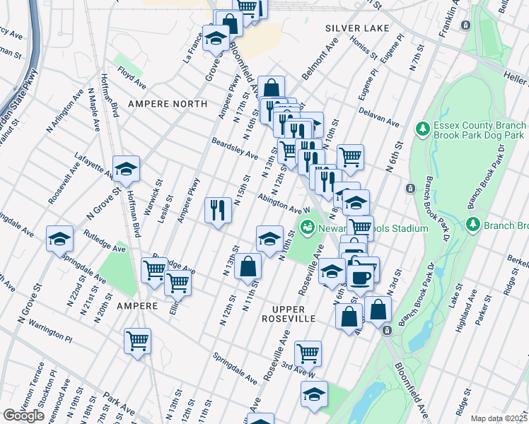 map of restaurants, bars, coffee shops, grocery stores, and more near 432 North 12th Street in Newark