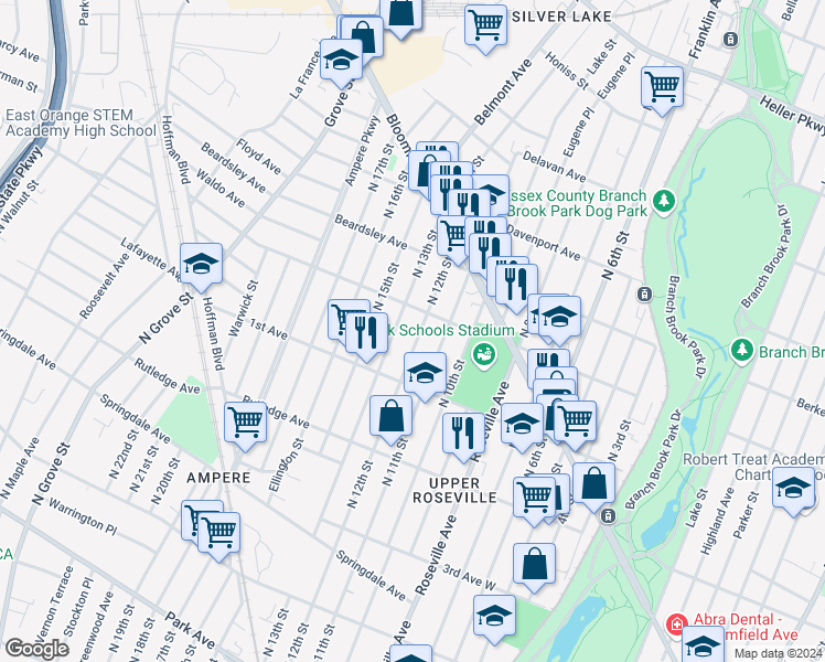 map of restaurants, bars, coffee shops, grocery stores, and more near 432 North 12th Street in Newark